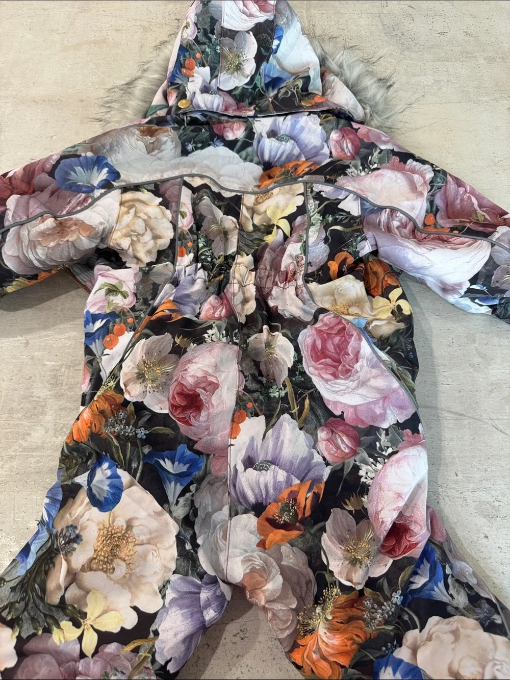 Molo Floral Print Hooded Jumpsuit in Black, Pink & Blue